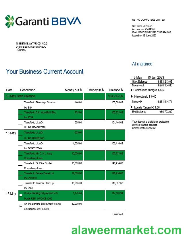 Garanti BBVA Bank enterprise statement Word and PDF template